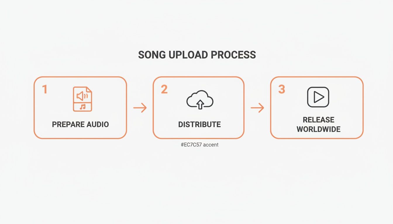 A three-step flowchart outlining the song upload and distribution process with icons.