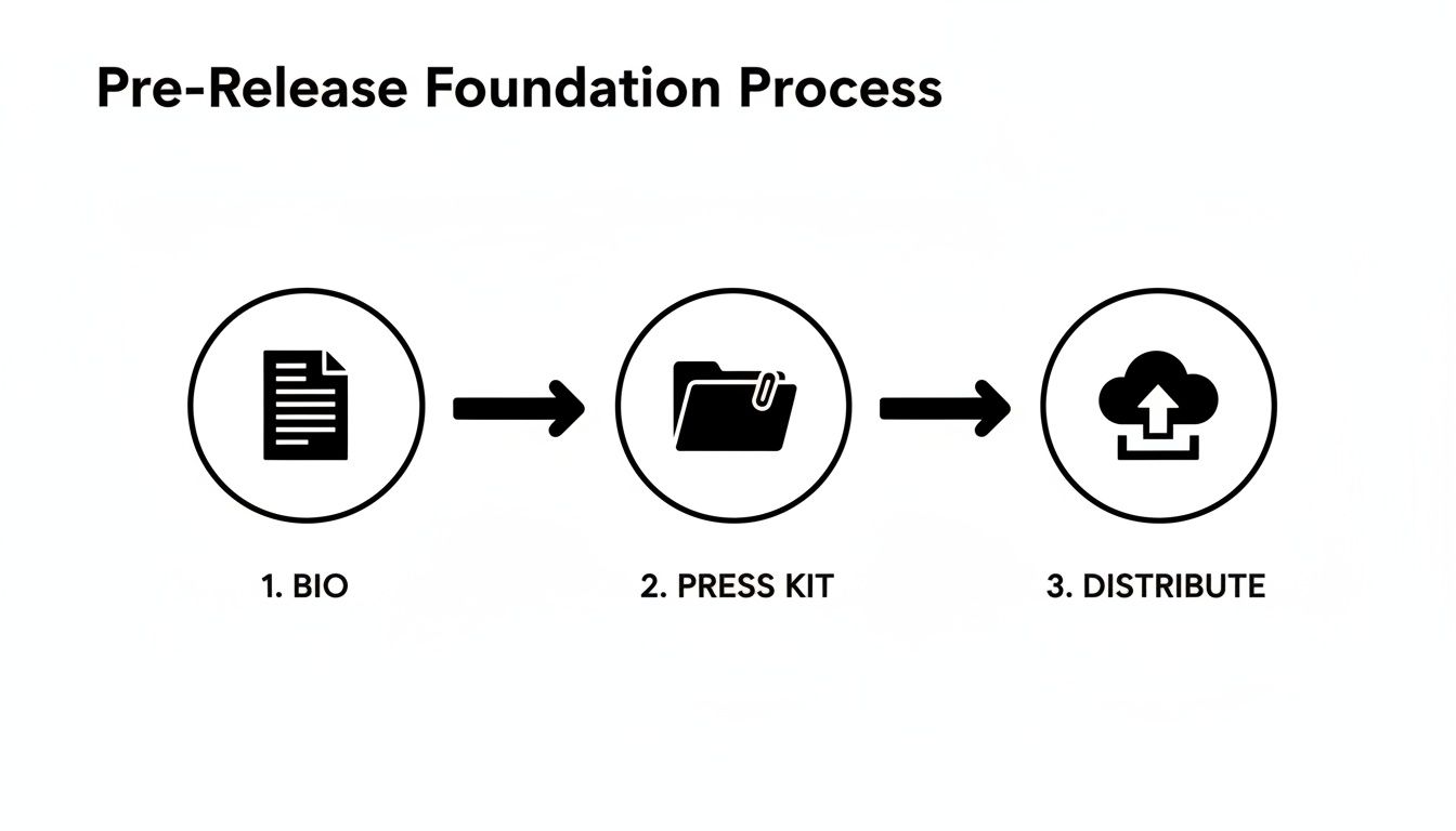 A diagram illustrating the three-step pre-release foundation process: Bio, Press Kit, and Distribute, with corresponding icons.