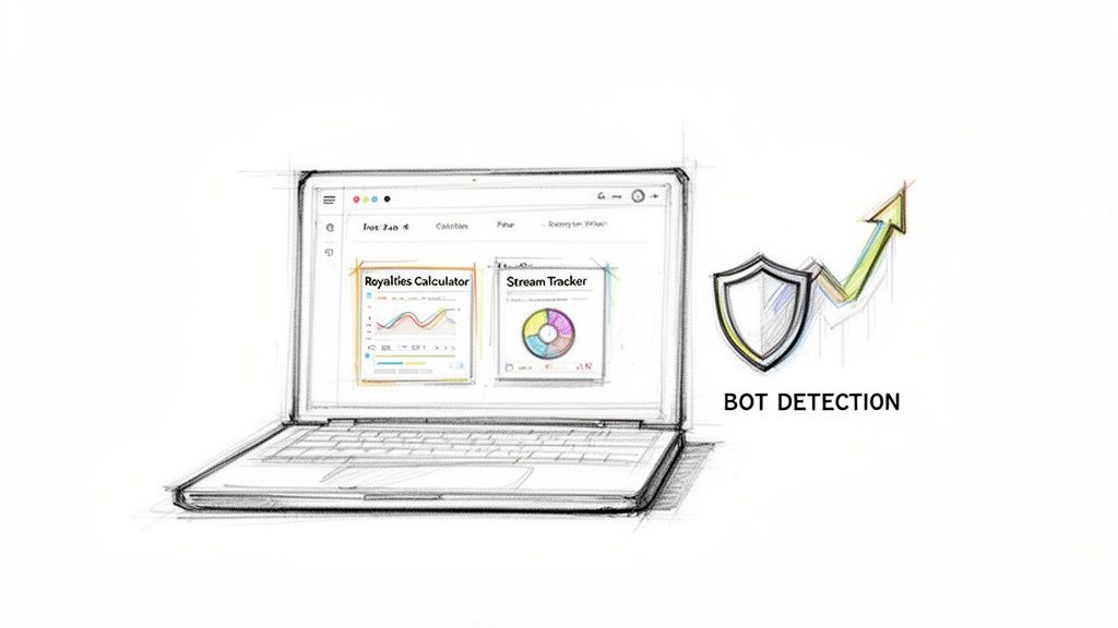 Sketch of a laptop displaying a 'Royalties Calculator' and 'Stream Tracker' interface, with a shield and 'BOT DETECTION' text, indicating secure analytics.