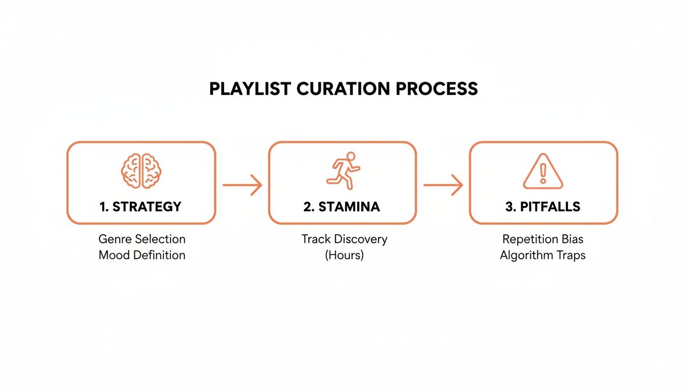 A flowchart outlining the playlist curation process with steps like strategy, track discovery, and potential pitfalls.