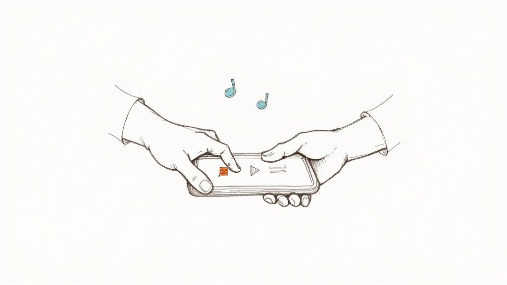 Two hands holding smartphone with music player interface and musical notes floating above screen
