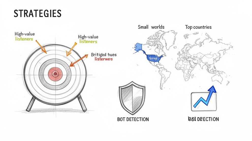 Infographic illustrating digital strategies including listener targeting, global reach, bot detection, and performance metrics.