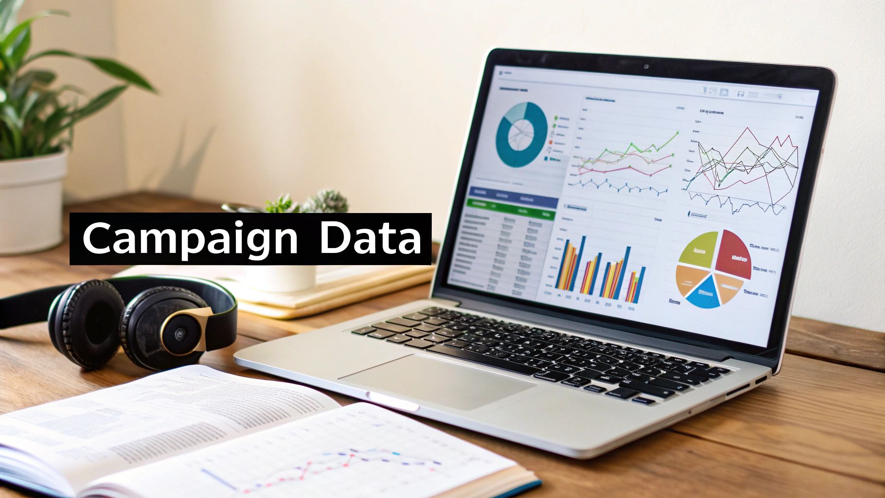 A laptop displaying various marketing campaign data charts and graphs on a wooden desk, with headphones and an open book.