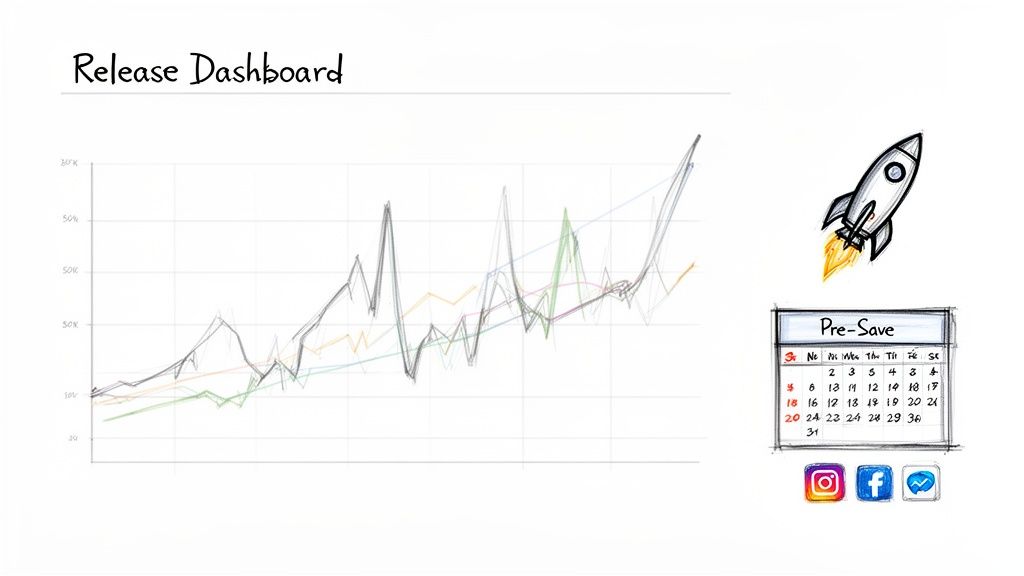 A hand-drawn release dashboard with a line graph, a rocket, a pre-save calendar, and social media icons.