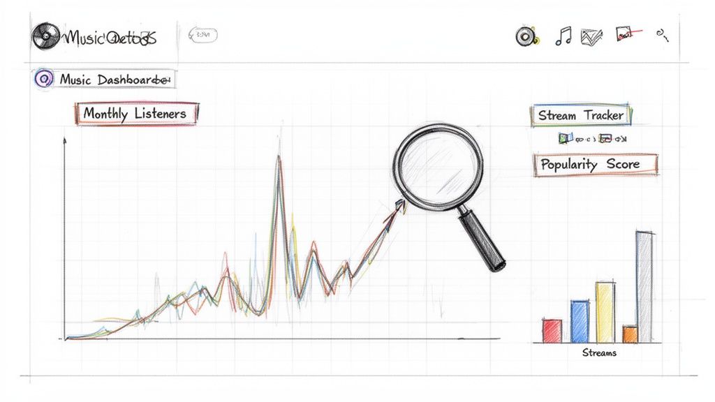 A hand-drawn sketch of a music artist's dashboard with graphs and metrics for listener trends and streams.