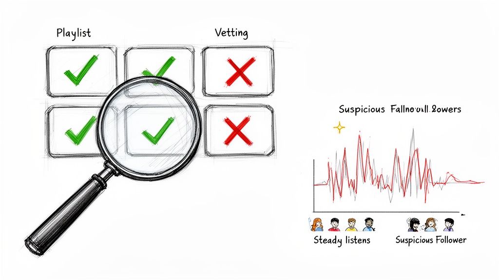 An illustration of playlist curation, vetting with checks and crosses, and detection of suspicious listener patterns through data visualization.