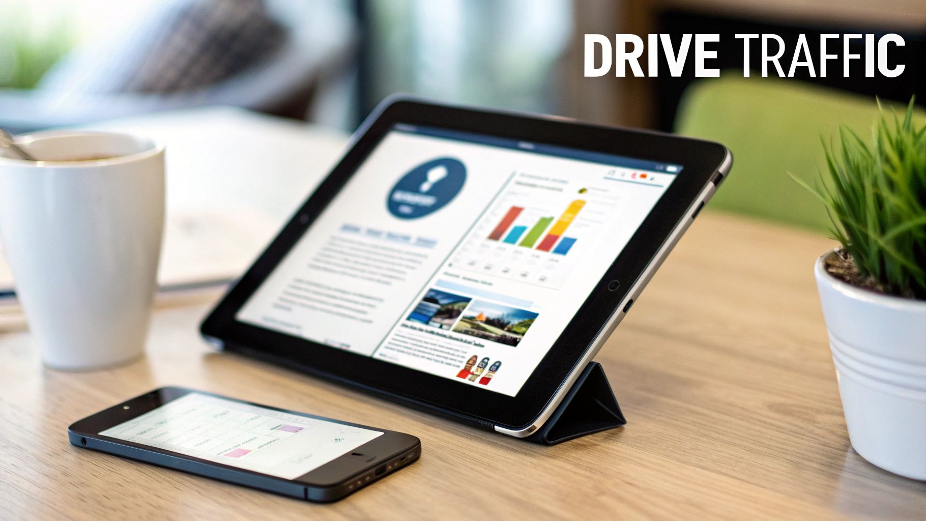 A tablet displaying charts and 'DRIVE TRAFFIC' text, with a smartphone and coffee mug on a desk.