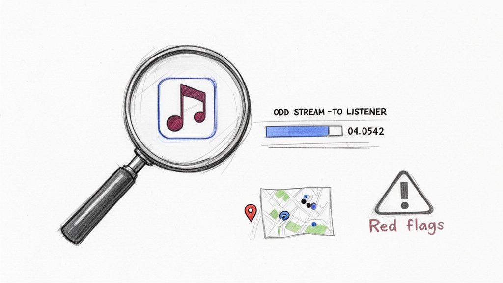 A magnifying glass examines music streaming analytics, geographical data, and red flags for suspicious activity.