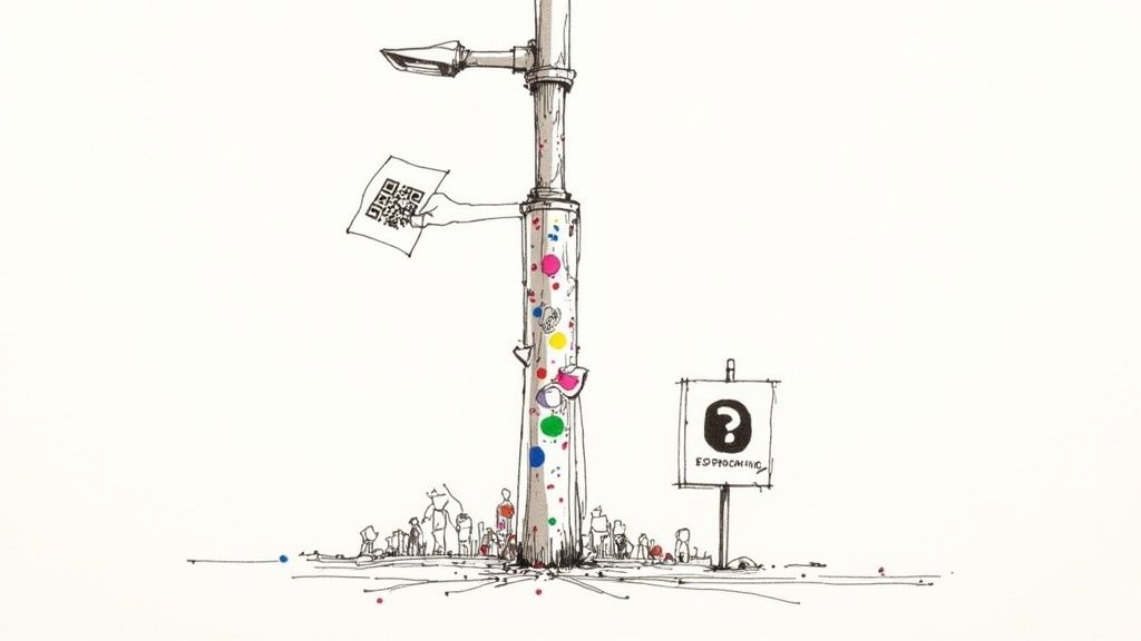 Hand inserting a QR code into a colorful pole, surrounded by a crowd and a question mark sign.