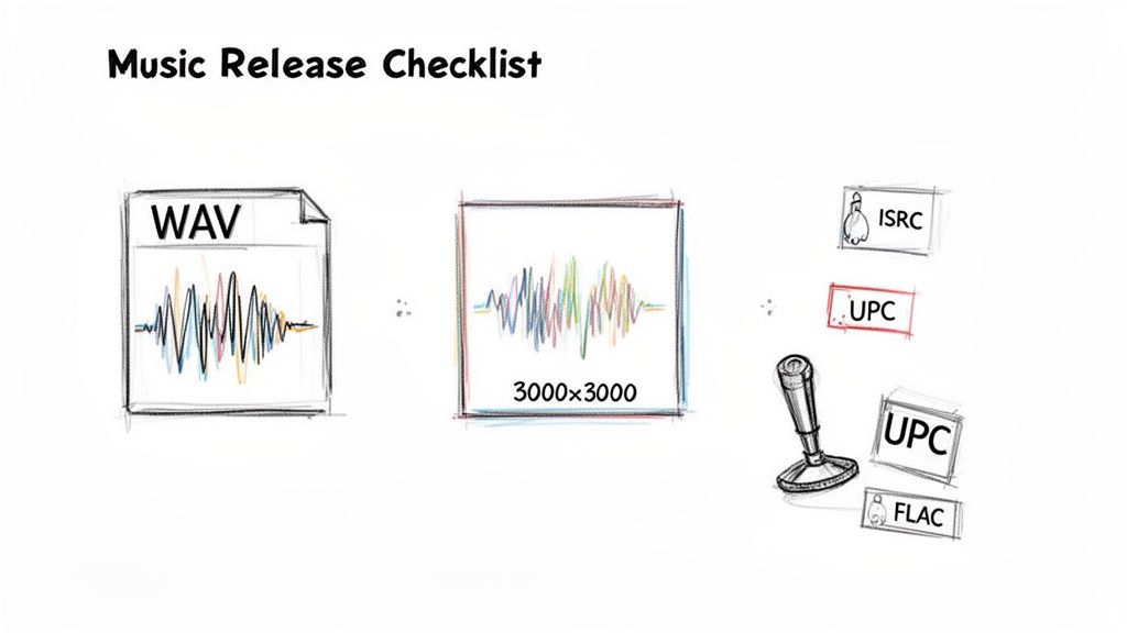 A music release checklist showing WAV audio, 3000x3000 album art, ISRC, UPC, and FLAC.