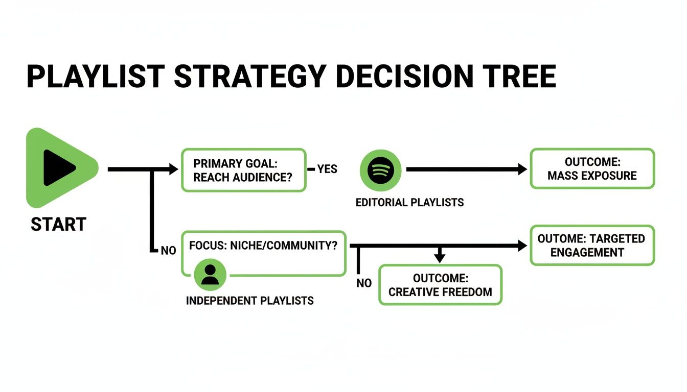 A decision tree flowchart illustrating playlist strategy for audience reach, niche, and creative freedom.