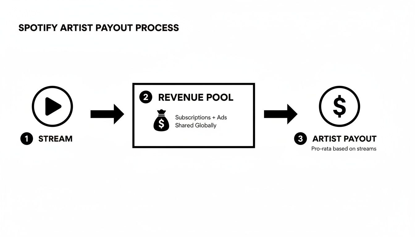 Diagram illustrating the Spotify artist payout process from streams to a global revenue pool and pro-rata artist payment.