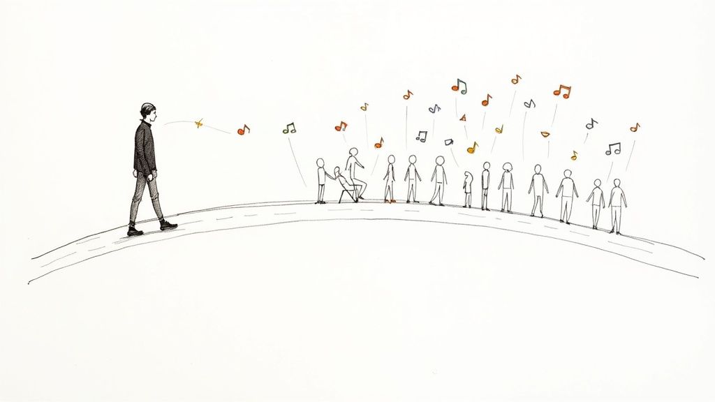 A person with headphones on, curating a playlist on a laptop.