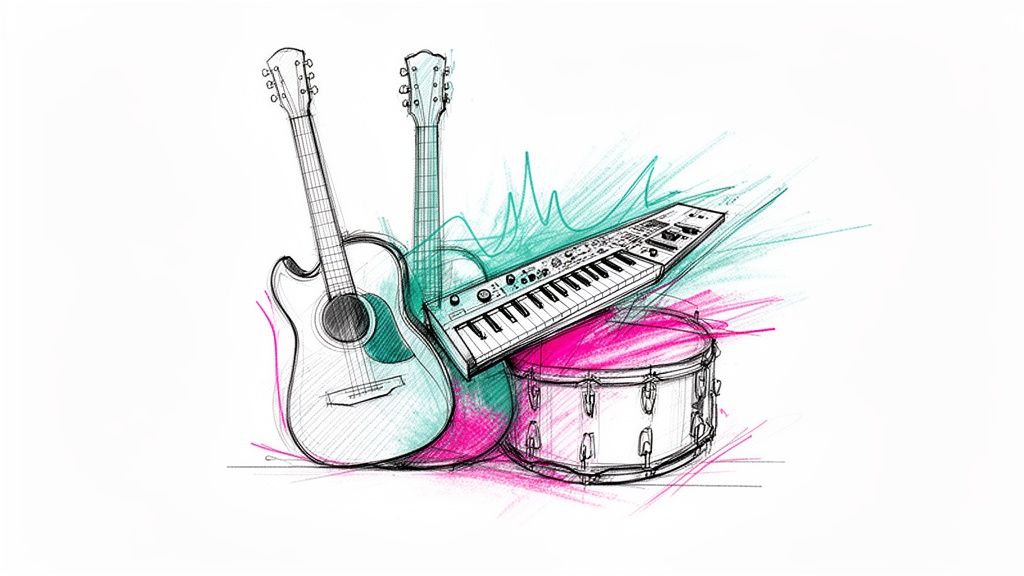 Artistic sketch of music instruments: guitars, keyboard, and drum, with vibrant teal and pink accents.