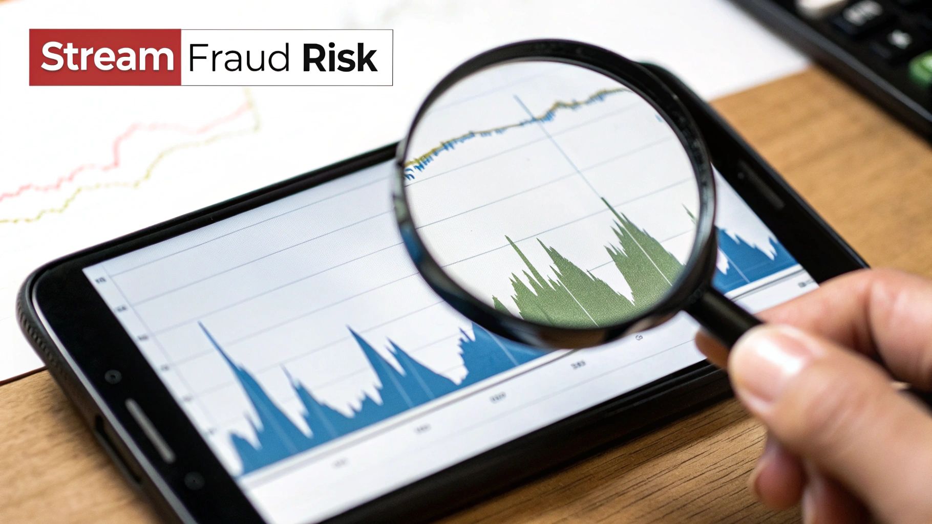 A hand uses a magnifying glass to examine stream fraud risk data on a smartphone.