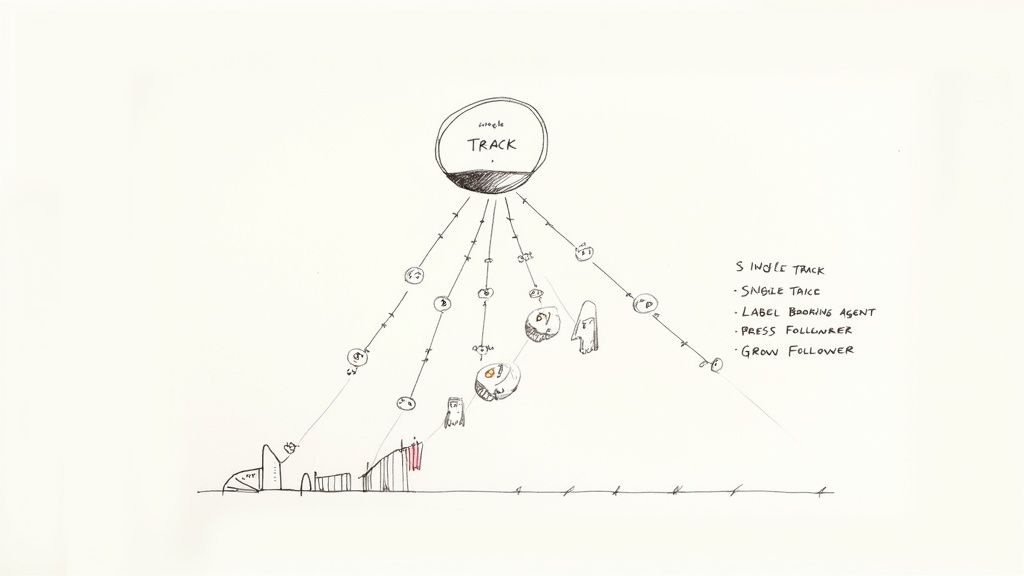 Hand-drawn diagram showing single track branching into multiple follower types for music promotion strategy