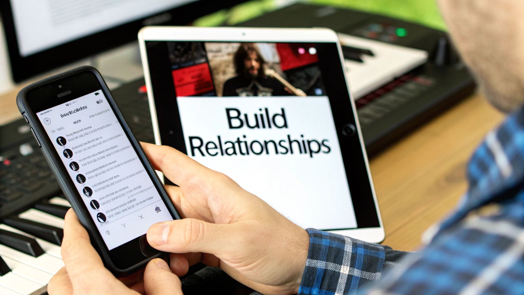 A person's hands holding a smartphone, with a tablet displaying 'Build Relationships' in the background.