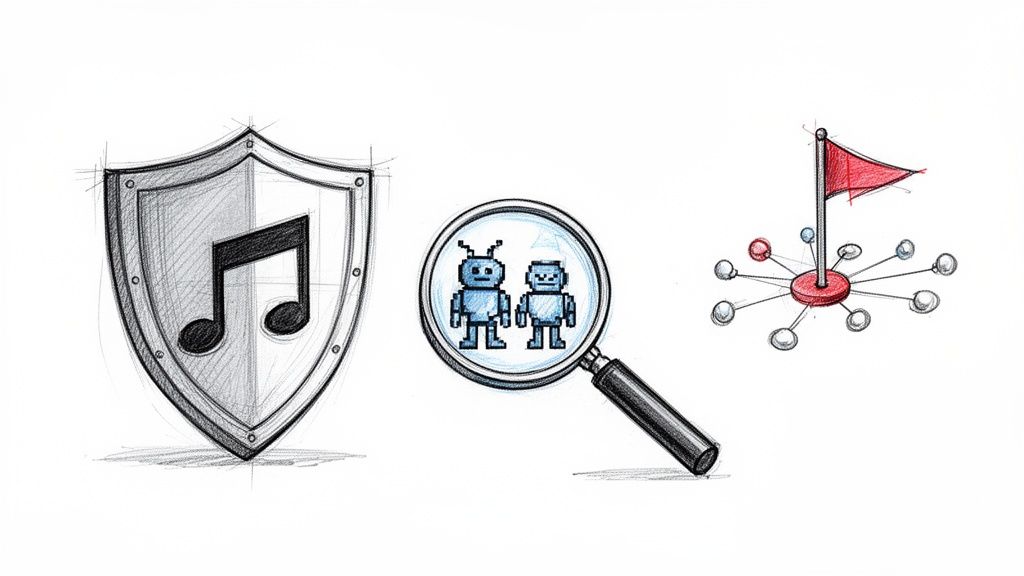Sketches depicting music protection shield, bot detection magnifying glass, and a flagged network node.