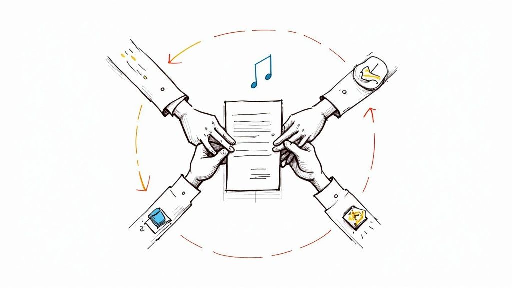 A person signing a contract at a desk, representing an artist manager closing a deal.