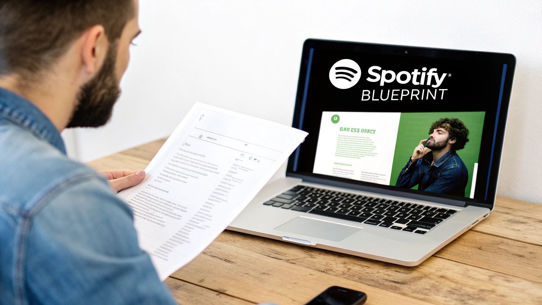 A man reviews a document at a desk, with a laptop open displaying a Spotify Blueprint page.