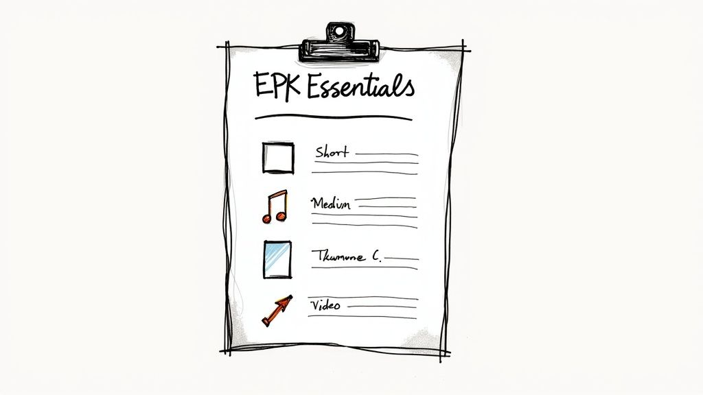 Hand-drawn EPK Essentials checklist on a clipboard detailing content types like short, medium, and video.