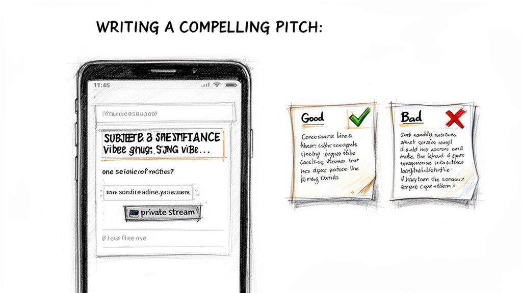 Sketch illustrating 'Writing a Compelling Pitch' with a smartphone draft and sticky notes showing good and bad pitch examples.