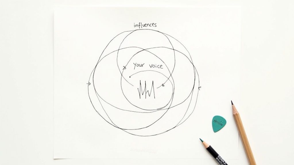 A musician thoughtfully playing an acoustic guitar, focused on developing their unique sound.