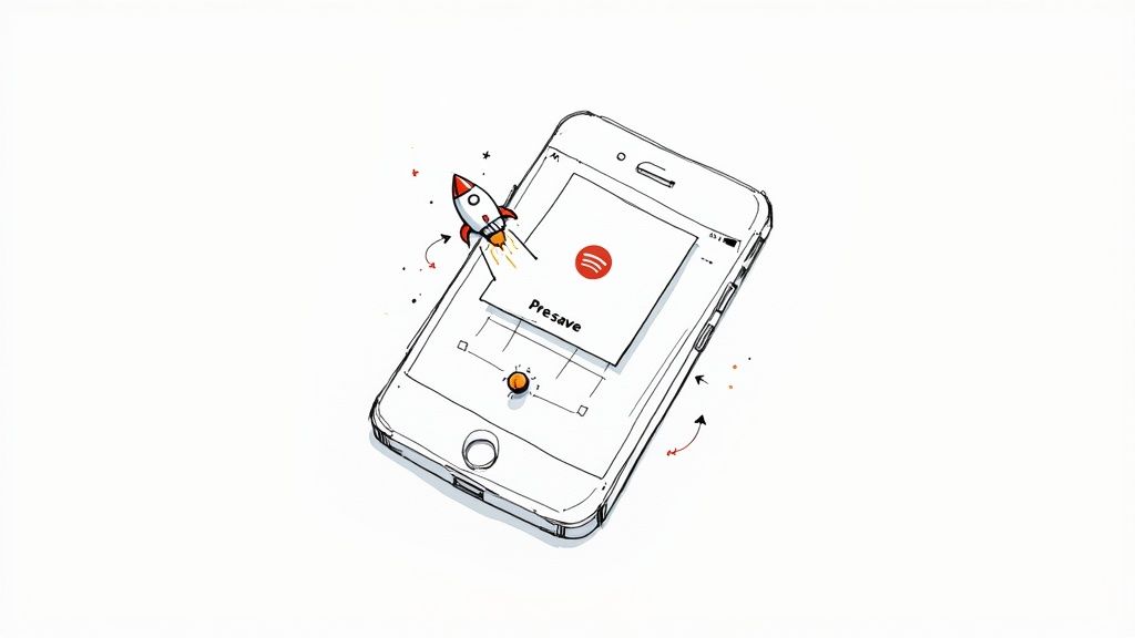 Cartoon smartphone displaying a Spotify "Presave" card with a rocket launching from it.