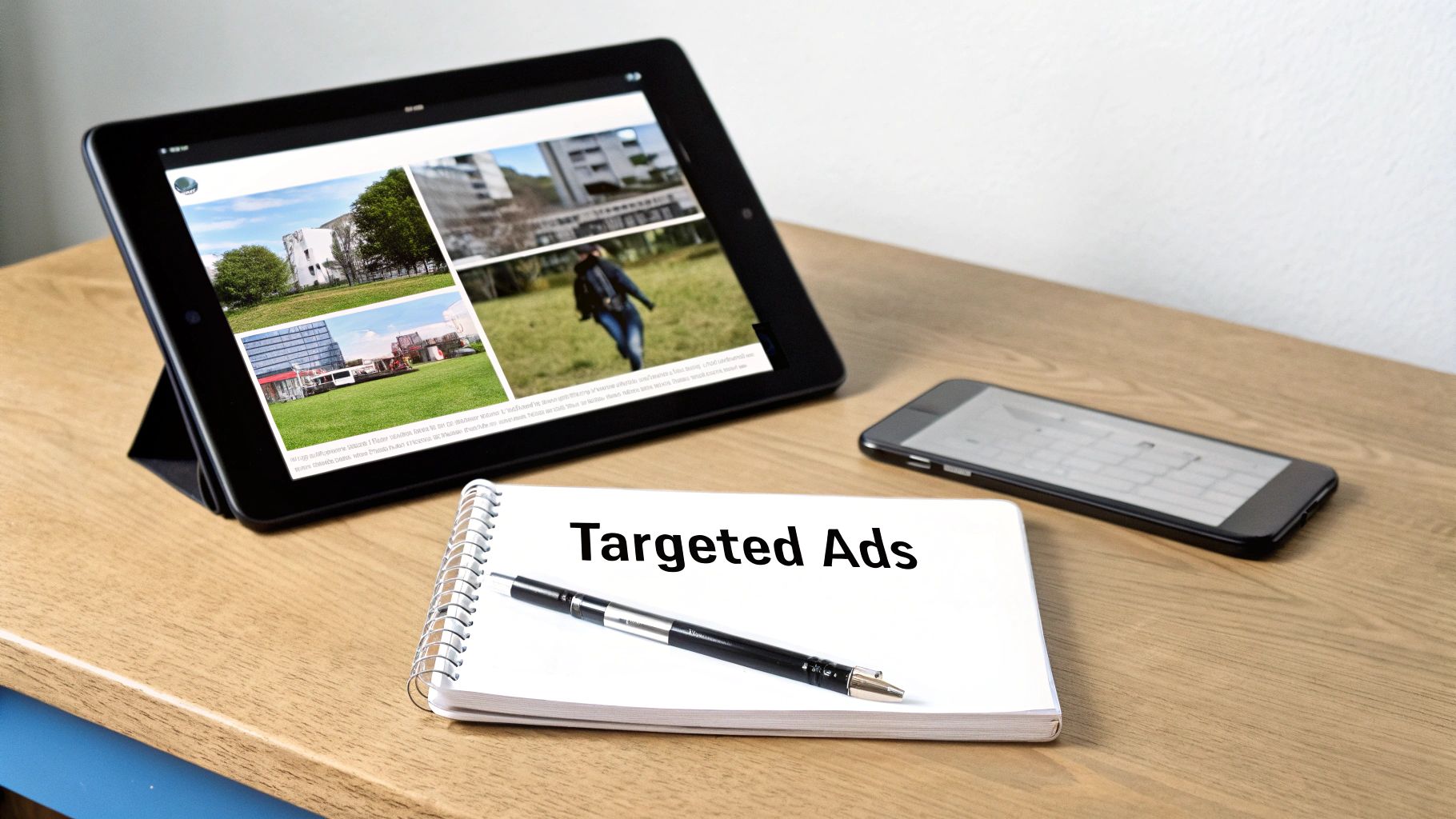 A tablet, smartphone, and notebook with 'Targeted Ads' on a wooden desk, symbolizing digital marketing strategies.