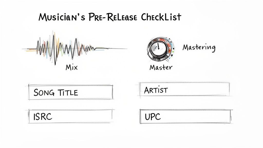 A musician's pre-release checklist featuring steps like mixing, mastering, song title, artist, ISRC, and UPC.
