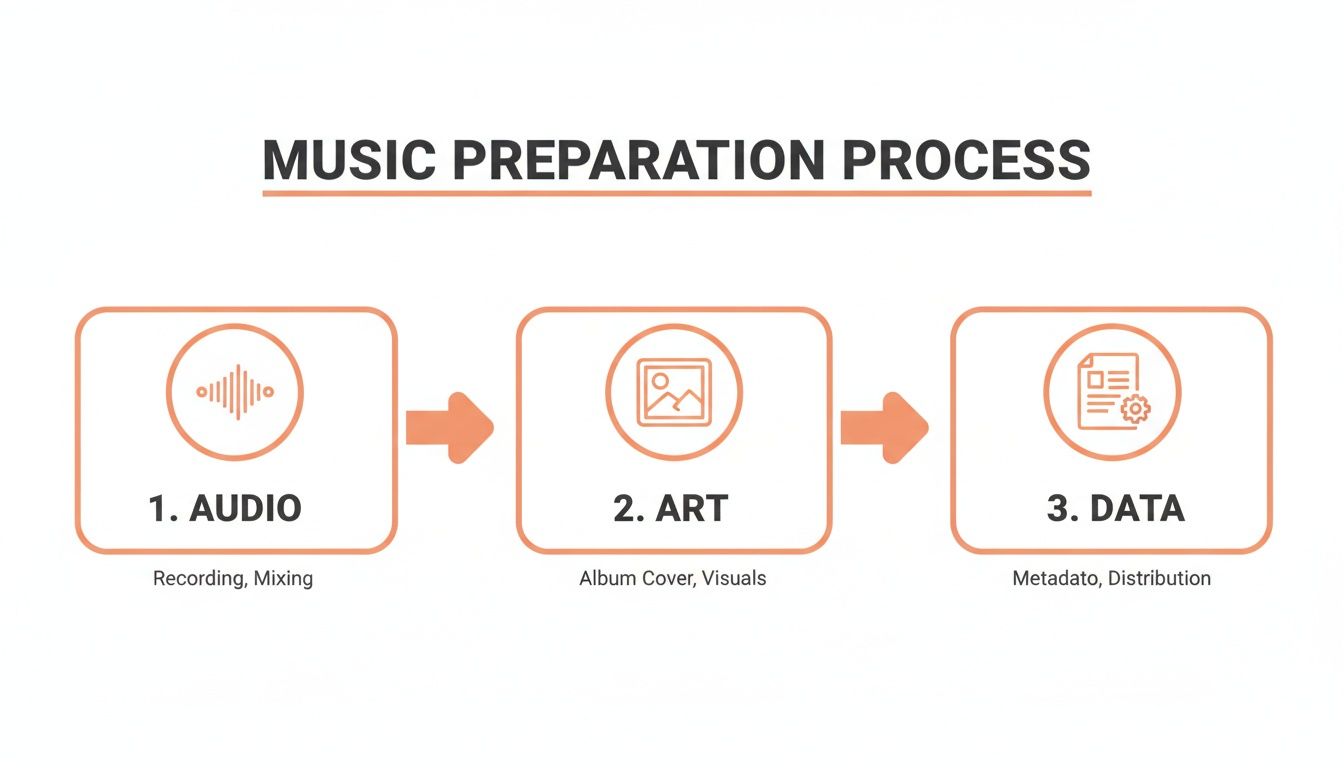 A flowchart detailing the music preparation process, including audio recording, art creation, and data distribution.