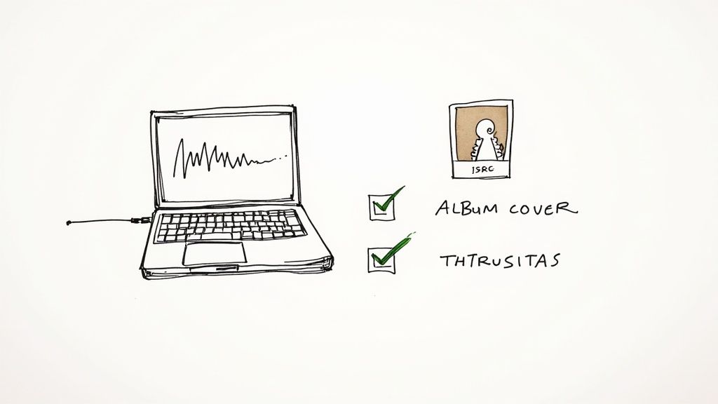 A hand-drawn illustration depicting a laptop displaying an audio waveform, alongside a checked album cover and ISRC.