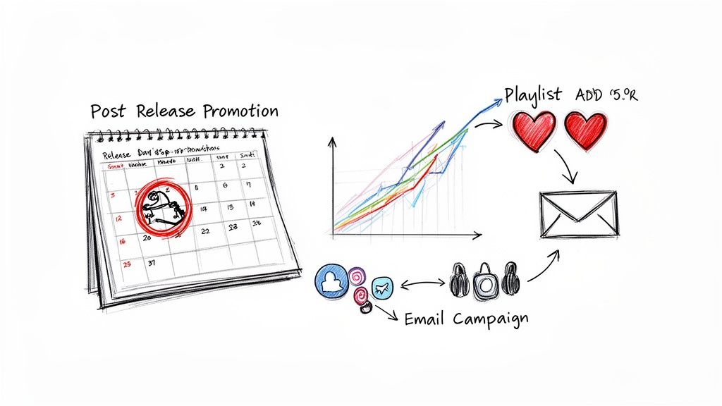 Diagram illustrating a music post-release promotion strategy with calendar, growth charts, playlist adds, social media, and email campaigns.