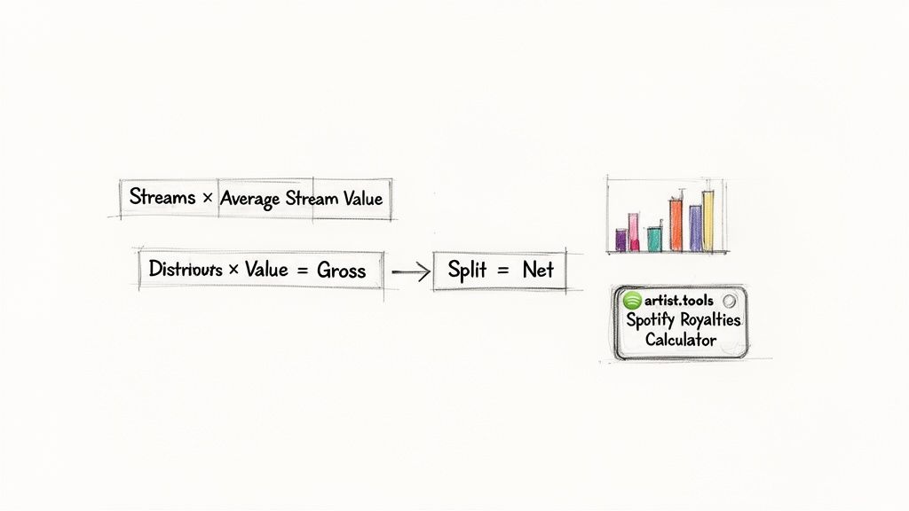 A diagram illustrating the calculation of Spotify royalties from streams to net earnings, featuring a royalty calculator.