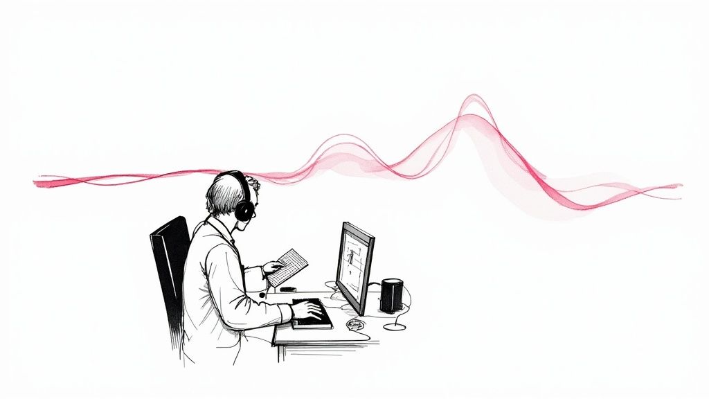 An artist working on their music in a home studio with soundproofing foam on the walls.