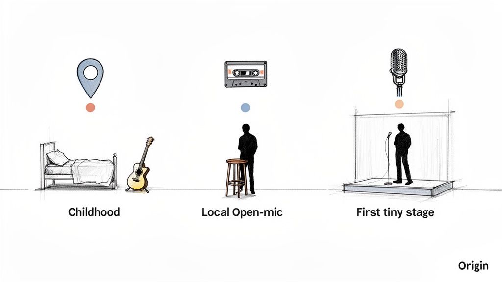Three illustrated stages of a music artist's journey: childhood, local open mic, and first small stage.
