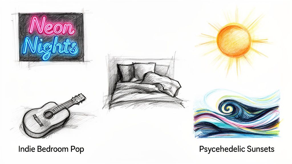 Collection of six sketches and colorful drawings representing different music vibes and playlist themes.