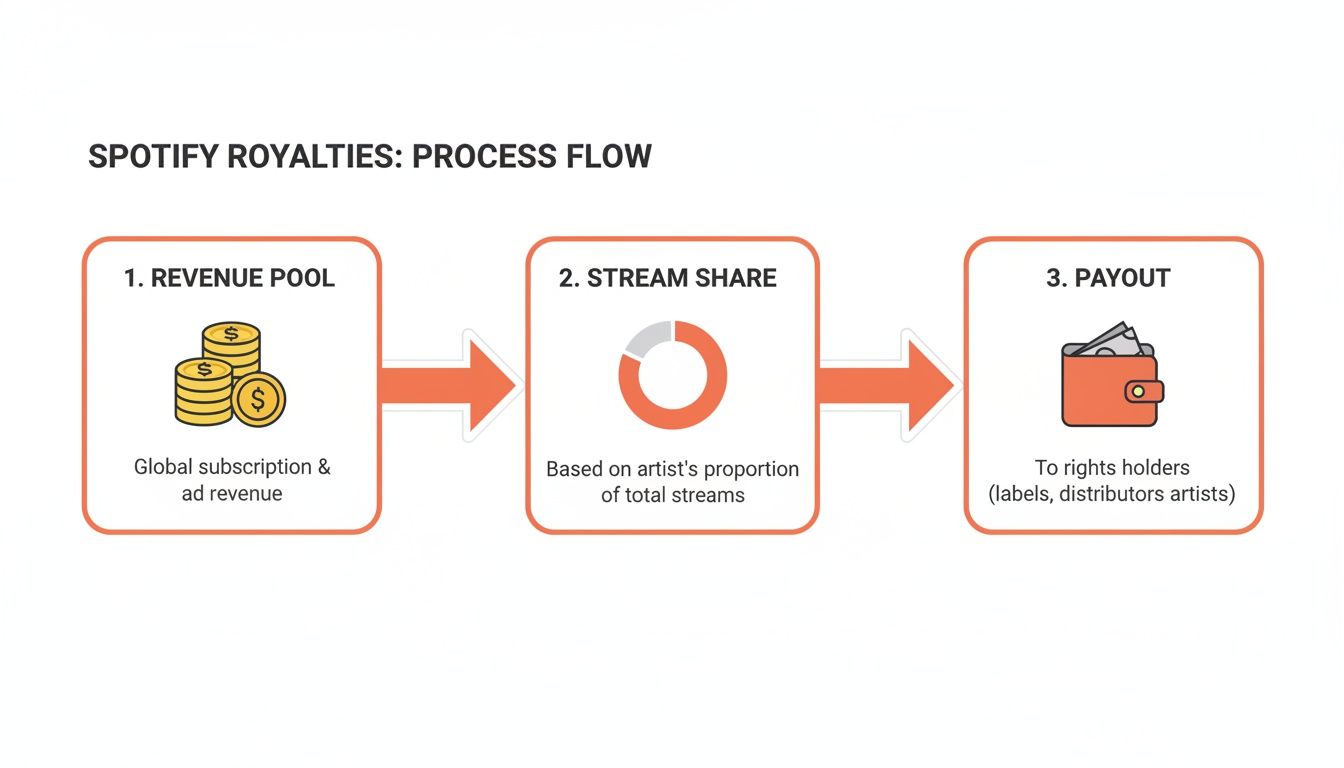 A flow chart illustrating the Spotify royalties process from revenue pool to stream share and payout to rights holders.
