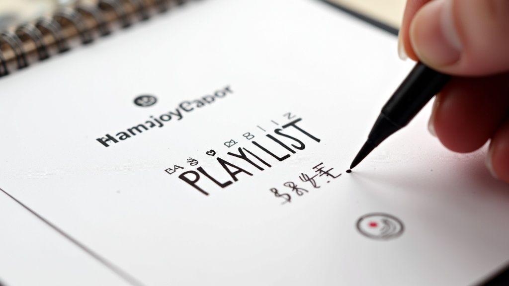 Close-up of a hand using a black pen to write "PLAYLIST" in a white notebook.