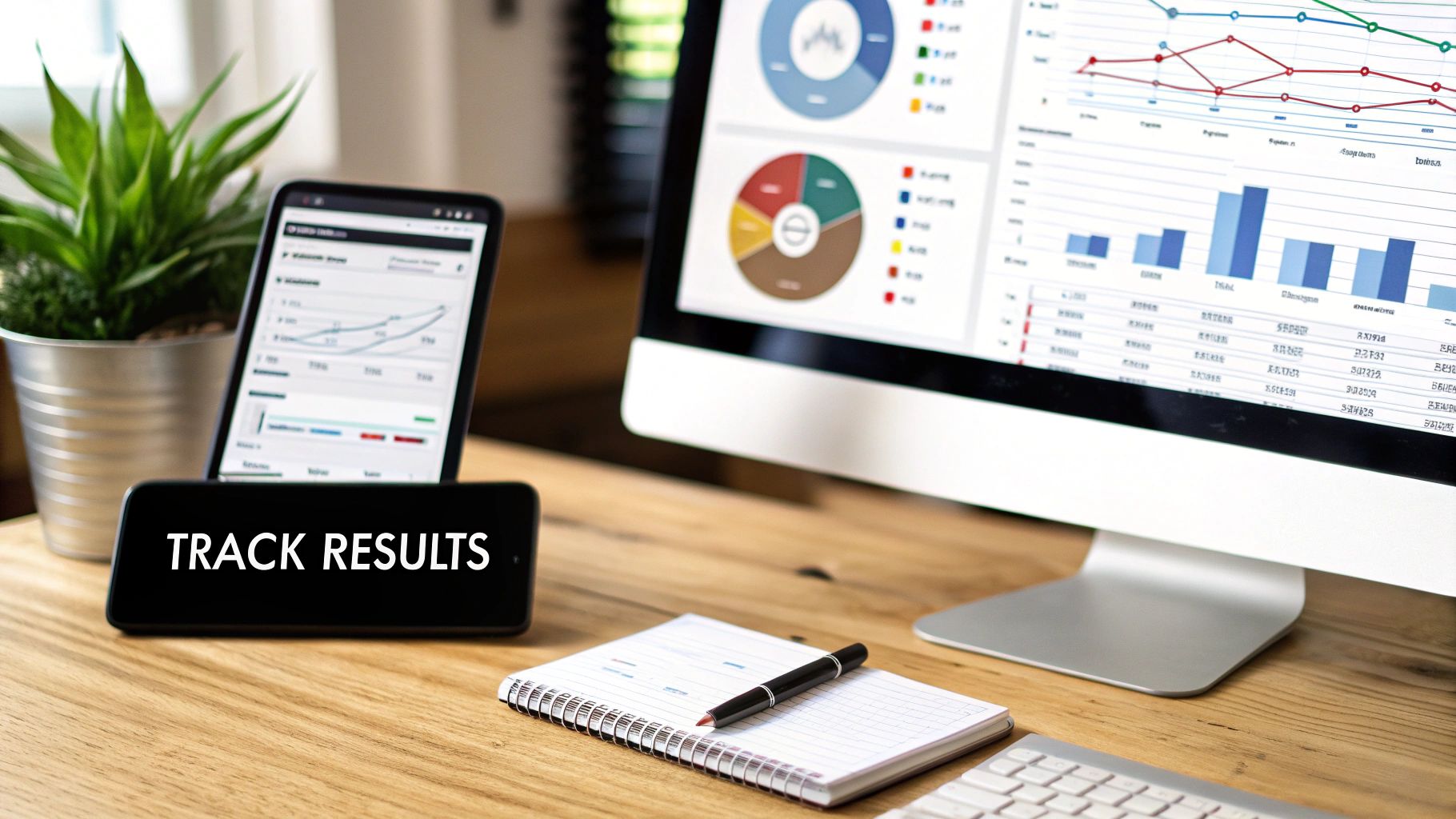 A desk with a computer monitor and smartphone displaying various charts and graphs for tracking results, next to a notebook and pen.