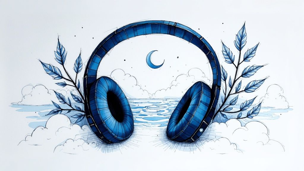 Blue headphones illustration with a crescent moon, calm water, clouds, and serene blue leaves.