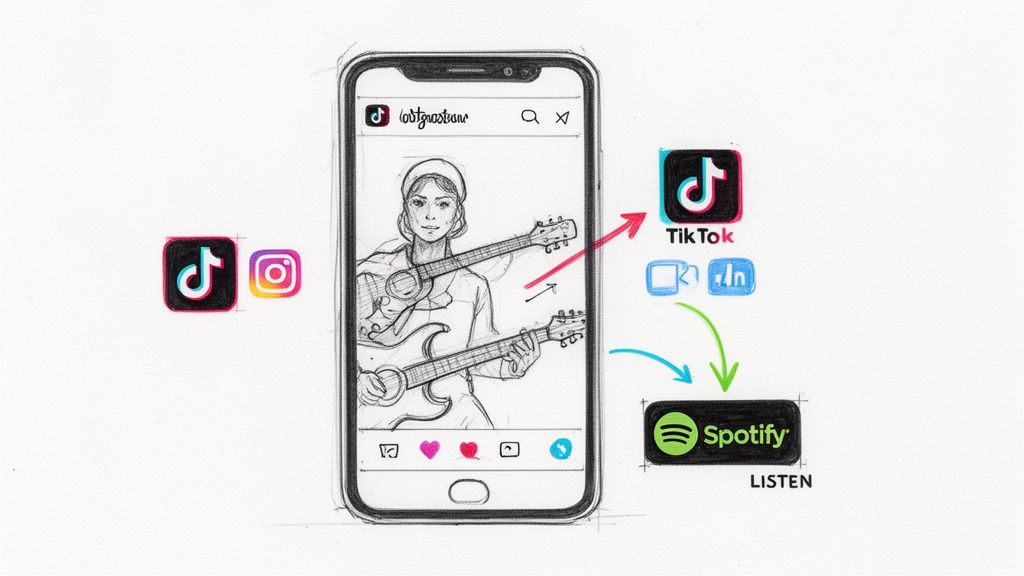 Illustration of social media content flow from a phone to TikTok and Spotify for listening.