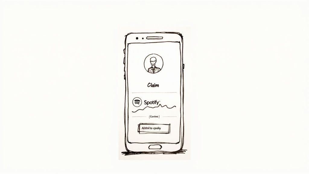 Sketch of a smartphone UI showing a profile icon, 'Claim' text, Spotify logo, and 'Add to Spotify' button.