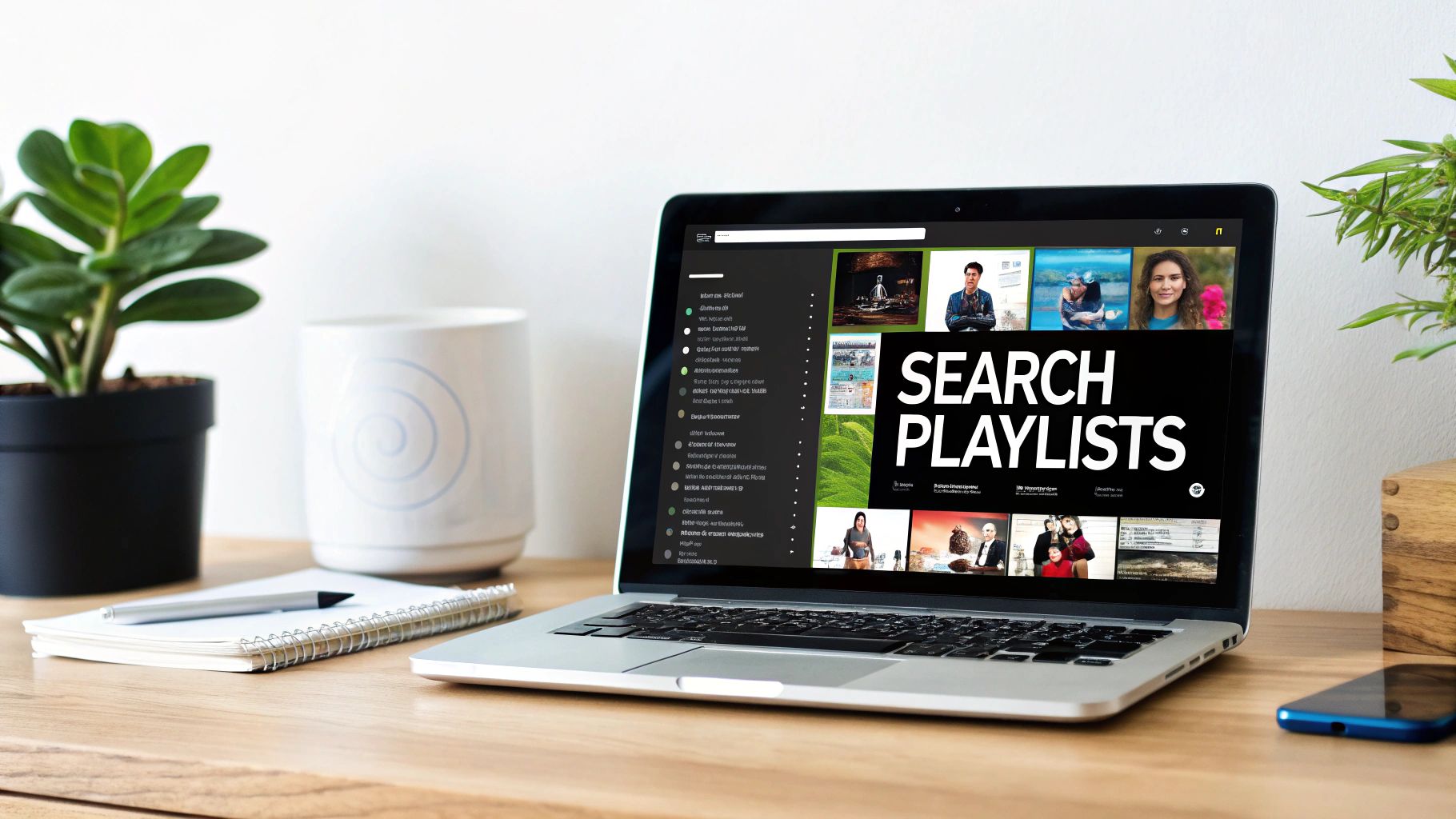 A laptop on a wooden desk displays 'SEARCH PLAYLISTS' on its screen, surrounded by workspace essentials.