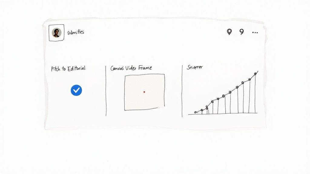 Sketch of a digital dashboard interface displaying project status, a video frame, and data growth.