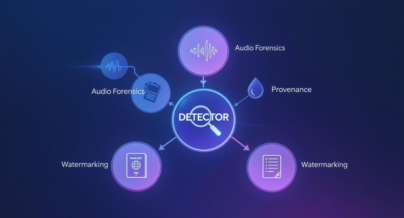 A conceptual diagram centered around a 'DETECTOR' with connections to Audio Forensics, Provenance, and Watermarking.
