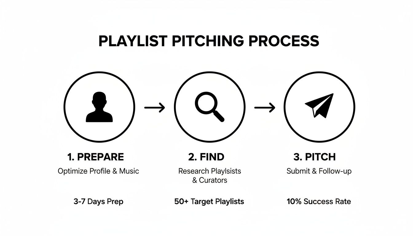 A three-step playlist pitching process: prepare, find, and pitch, with duration and success rate details.