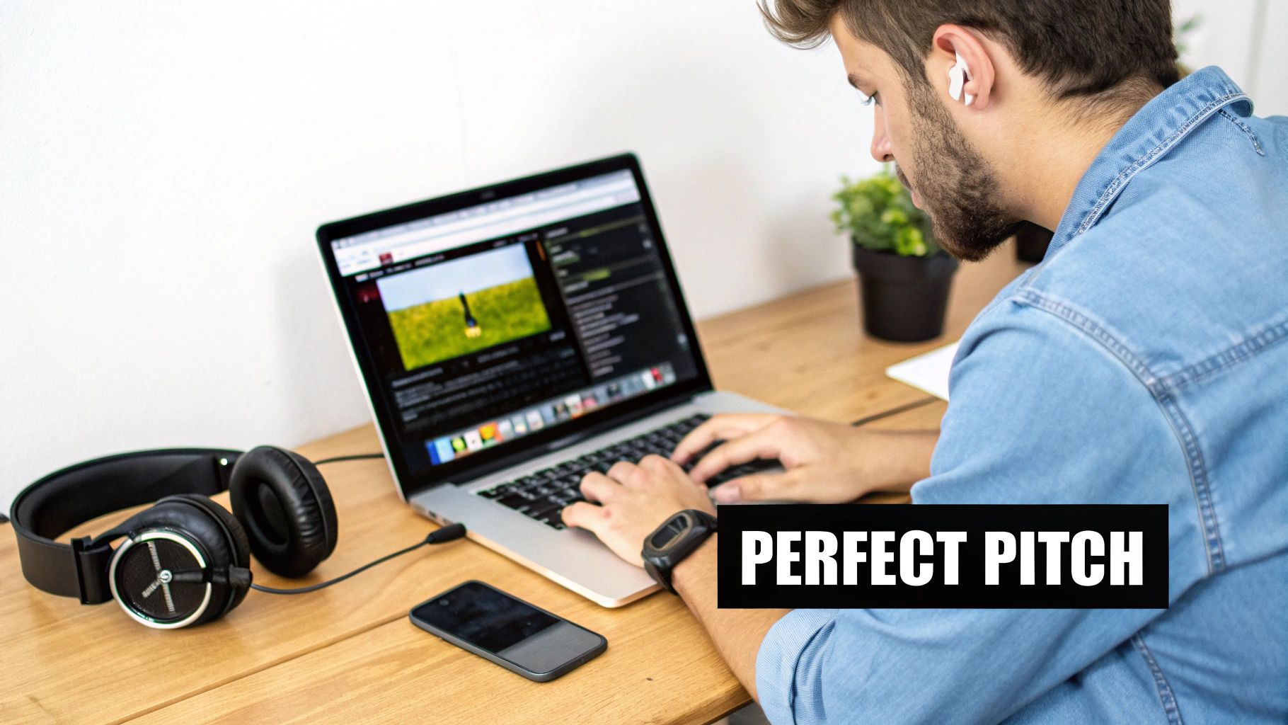 A man with wireless earbuds focused on his laptop, surrounded by over-ear headphones and a smartphone.