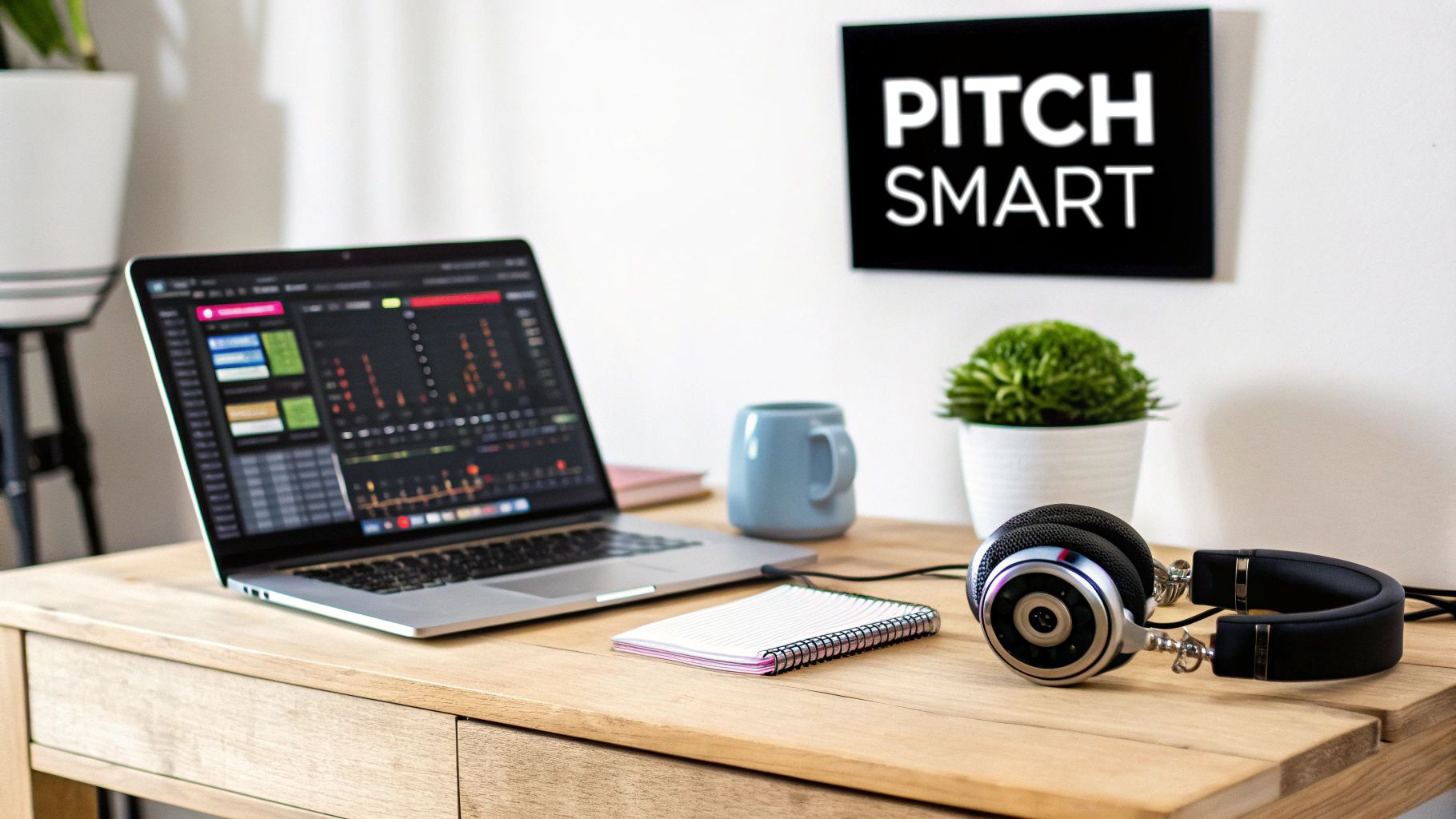 Music production workspace with a laptop displaying audio software, headphones, and a 'PITCH SMART' sign.