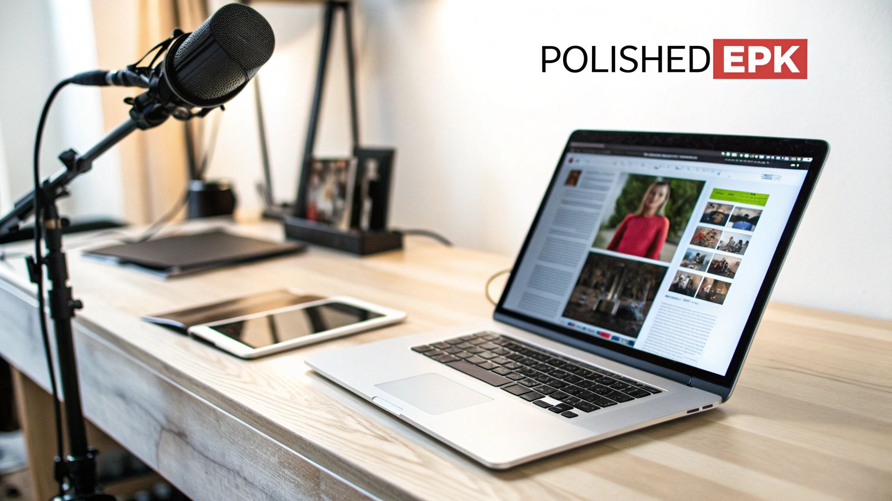 A well-organized desk featuring a professional microphone, open laptop, and two tablets for creative work.